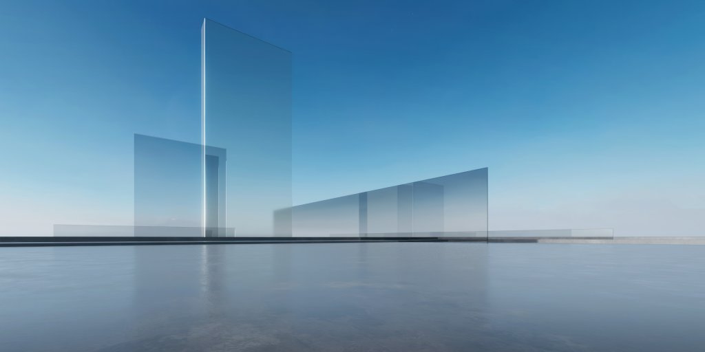 3d render of abstract futuristic glass architecture with empty concrete floor.