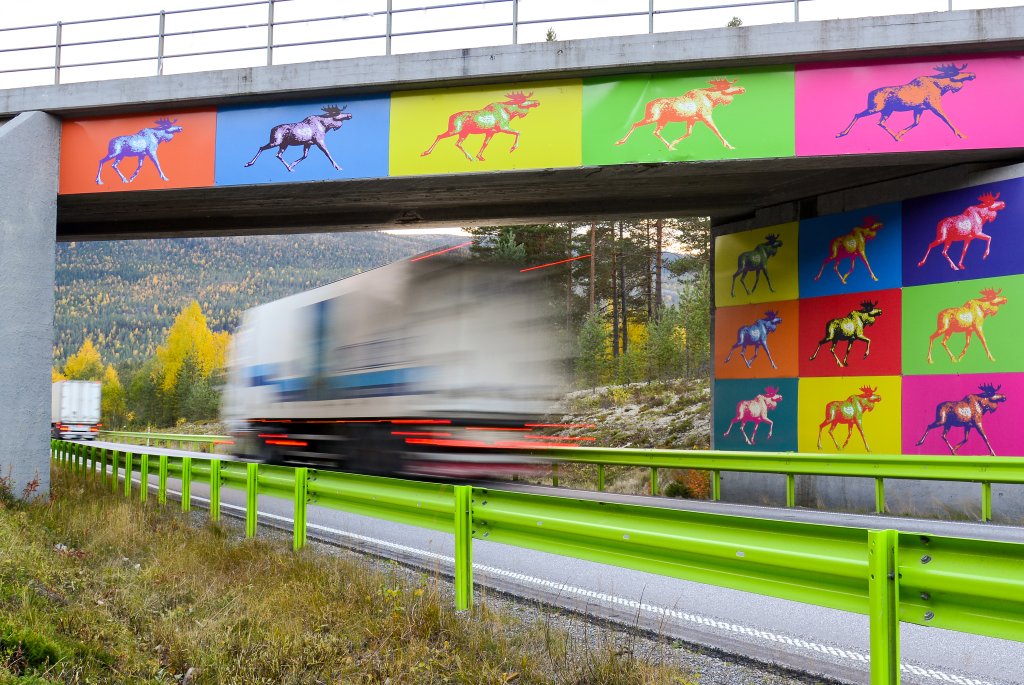 
Kunstnerisk utsmykking av jernbaneundergang på Rv 3 i Østerdalen. Sammen med grønnmalt autovern er det med på å bryte monotonien og bedre trafikksikkerheten
Kunstprosjekt: Malte elggevir er montert flere steder langs Rv. 3 i Østerdalen for å øke reiseopplevelsen og minske monotonien i tillegg til å skjerpe oppmerksomheten ang. elgfare.
