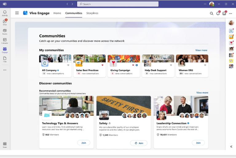 Eksempel på hvordan Viva Engage ser ut inne i Microsoft Teams