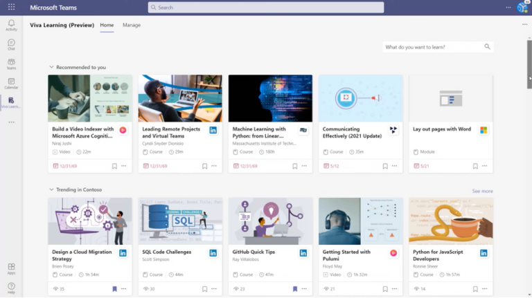 Eksempel hvordan Viva Learning brukes i Microsoft Teams. Innhold kommer fra ulike leverandører.