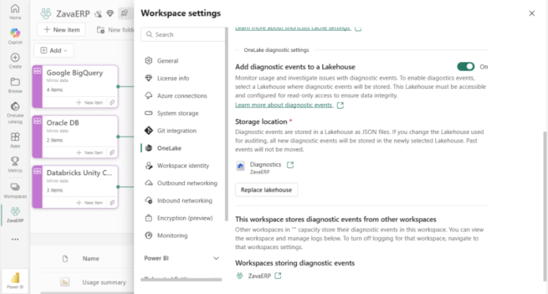 Med OneLake diagnostics kan man hente ut goverance-informasjon, skjermbilde viser workplace settings. 