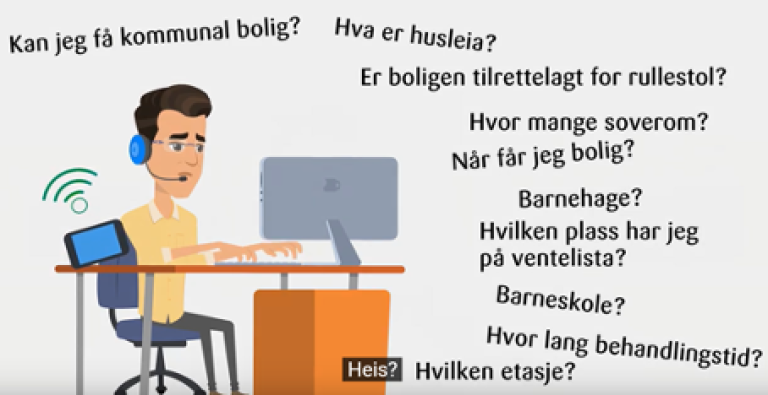 Bildet illustrerer en person som sitter foran en datamaskin og tar imot mange spørsmål